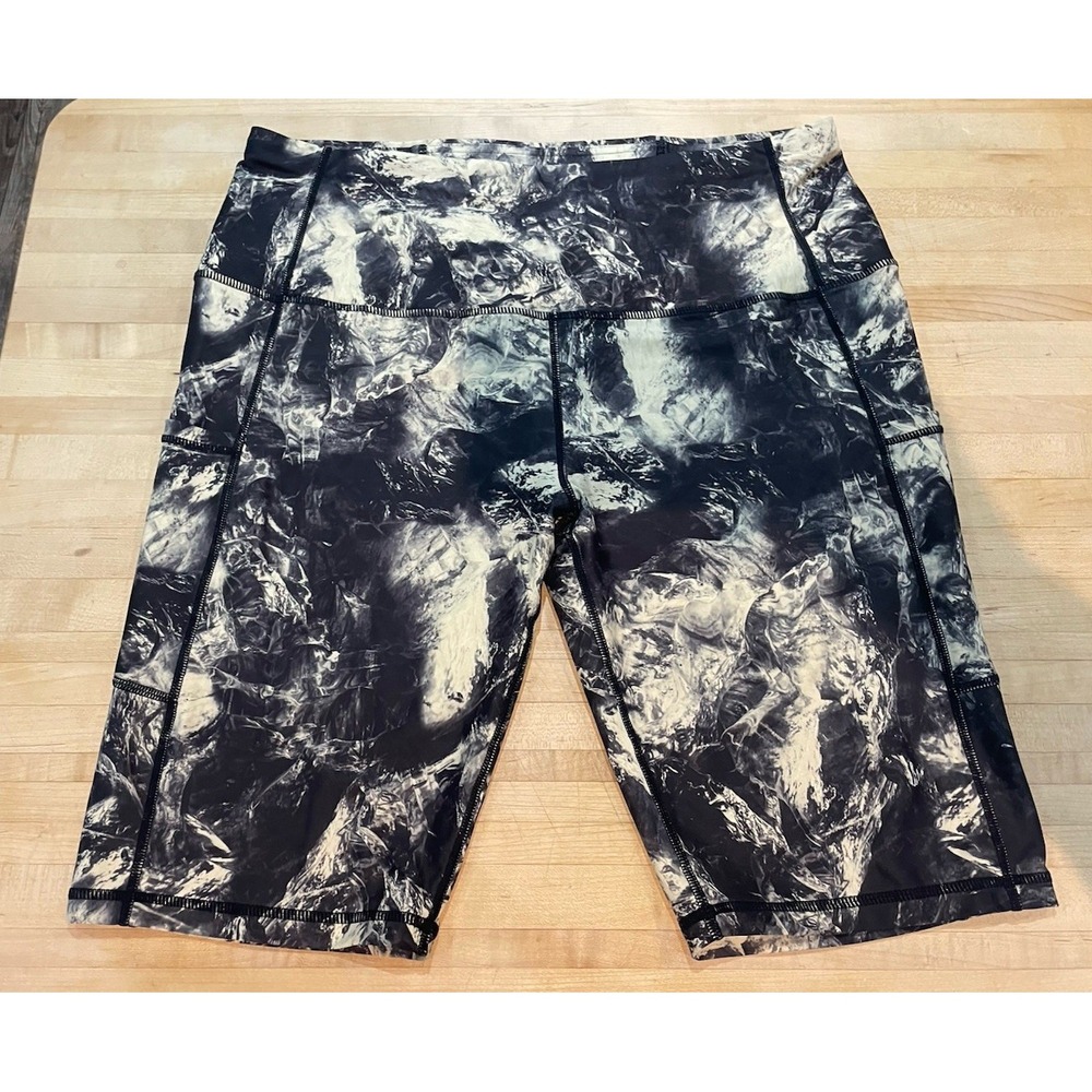 Oalka High Waist Space Dye Black Cream Biker Yoga Shorts Pockets XL Activewear